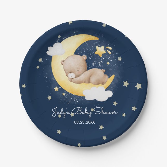 Prato De Papel Chuveiro de Bebê Urso Teddy Lua Crescente Fofa Mar (Frente)