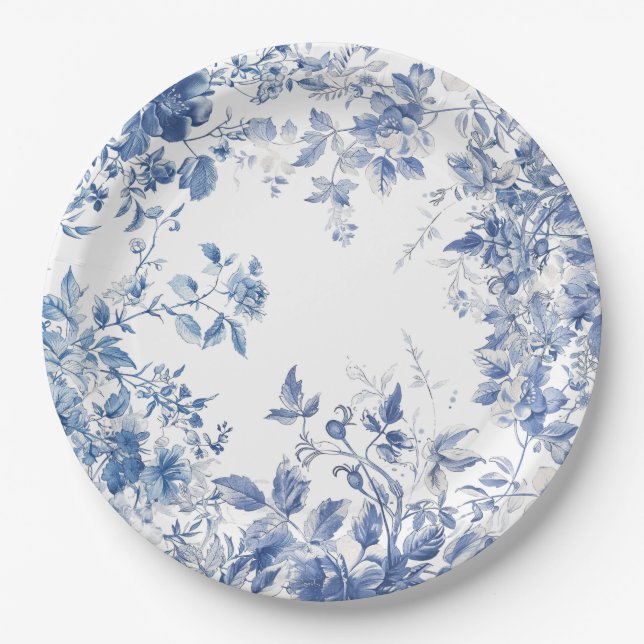 Prato De Papel Chuveiro de Noiva Elegante Toile de Jouy Azul (Frente)