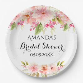Prato De Papel Chuveiro de noiva flores rosa bege branco nome