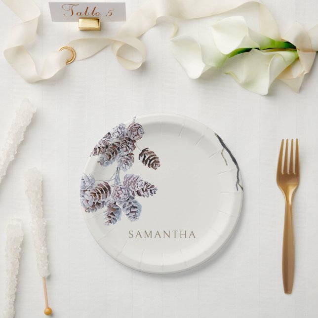 Prato De Papel Chuveiro Personalizado de Inverno Creme (Casamento)