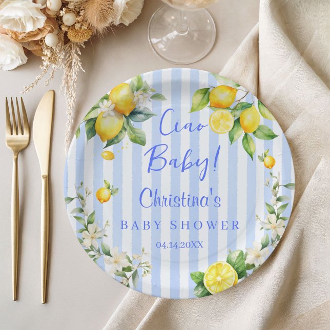 Prato De Papel Ciao Baby Blue Lemons Baby Shower Paper Plate (Ciao Baby Blue Stripe Lemons Baby Shower plates)