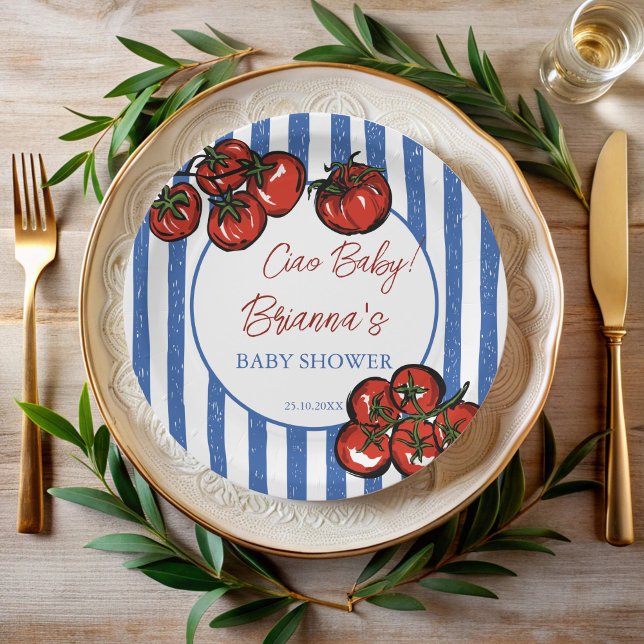 Prato De Papel Ciao baby tomato blue stripes Italian baby shower (Ciao baby cherry tomato blue stripes Italian farmers market baby shower personalized Paper Plates)