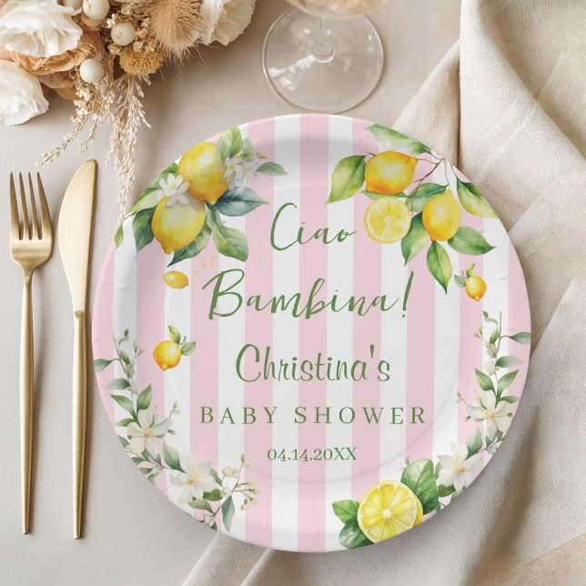 Prato De Papel Ciao Bambina Baby Shower Pink Lemon Paper Plate (Ciao Bambina Baby Shower Pink Citrus Paper plates)