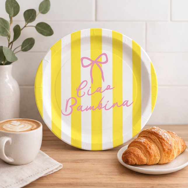 Prato De Papel Ciao Bambina Yellow Stripe Lemon Baby Shower (Ciao-Bambina-Yellow-Stripe-Lemon-Baby-Shower-Paper-Plates)