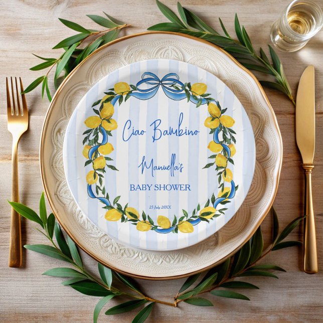 Prato De Papel Ciao bambino limons chá de fraldas italiano (Ciao bambino lemons blue ribbon stripped Italian baby shower personalized Paper Plates)