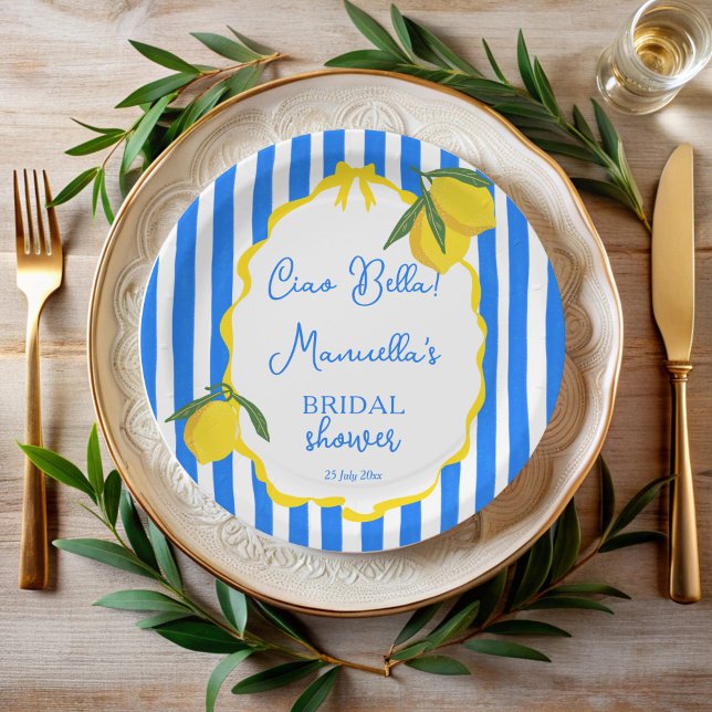 Prato De Papel Ciao bella Blue stripes limons chá de panela (Ciao bella blue stripes lemons wavy border dolce vita Italian bridal shower monogrammed paper plates)