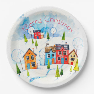 Prato De Papel Cidade de neve com aquarela de Natal feliz
