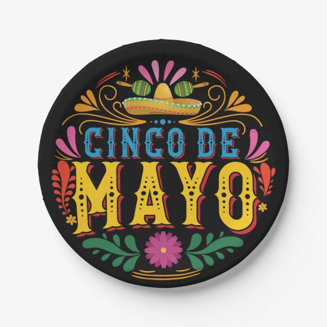 Prato De Papel Cinco Divertidos de Mayo, Chapéu Mexicano, flores  (Frente)