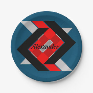 Prato De Papel cinza azul geométrica de preto personalizado simp