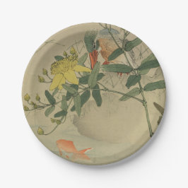 Prato De Papel Cinza Bird Goldfish Oriental Chinoiserie Nature Ar