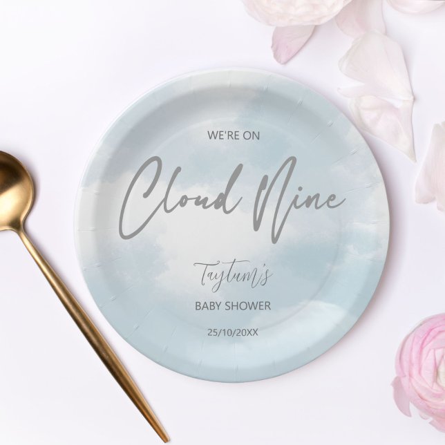 Prato De Papel Cinza chá de fraldas Cloud 9 azul-poeirento (Cloud nine baby shower grey dusty blue paper plates personalized tableware table decor matching)