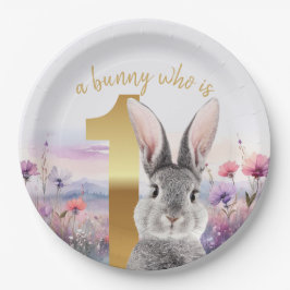 Prato De Papel Cinza Coelho Primeiro Aniversário com Flores Selva