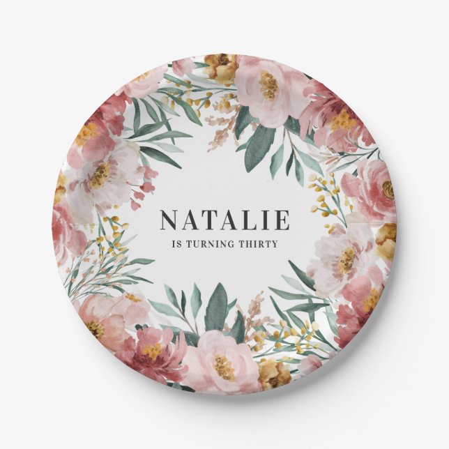 Prato De Papel Cinza de aniversário floral cor de água (Frente)