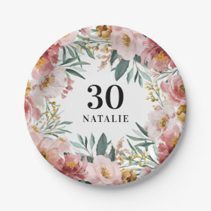 Prato De Papel Cinza de aniversário floral cor de água