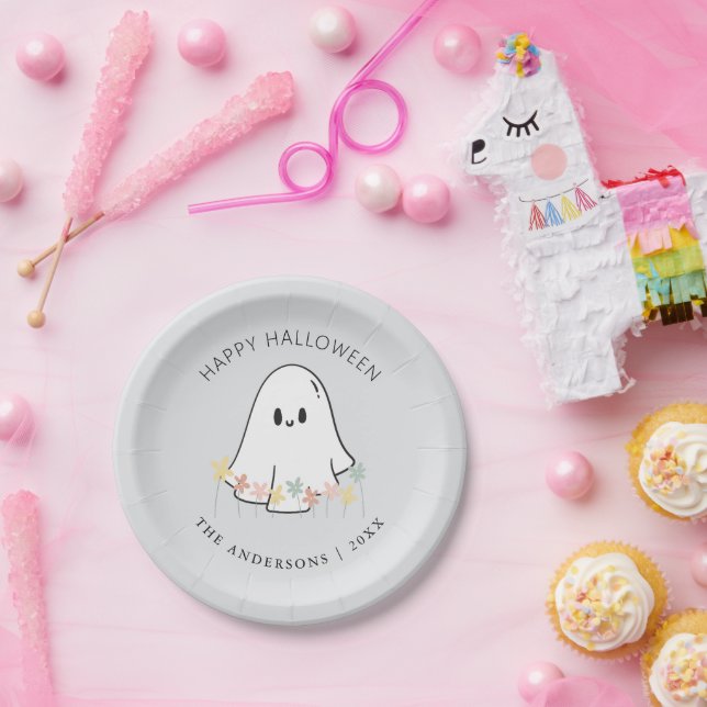 Prato De Papel Cinza Floral de Halloween Cute Ghost (Festa)