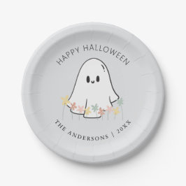 Prato De Papel Cinza Floral de Halloween Cute Ghost
