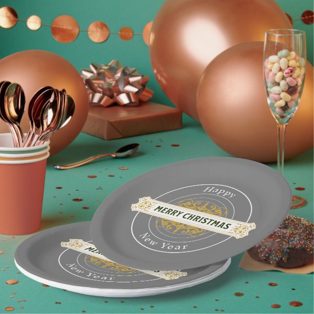 Prato de Papel Cinza Natal Feliz Ano Novo (Múltiplo)