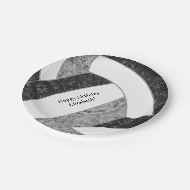 Prato De Papel cinza negra de festa de aniversário de vôlei (Inclinado)