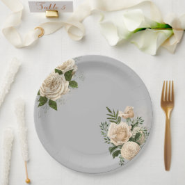 Prato De Papel Cinza Romântica Ivory Floral Wedding