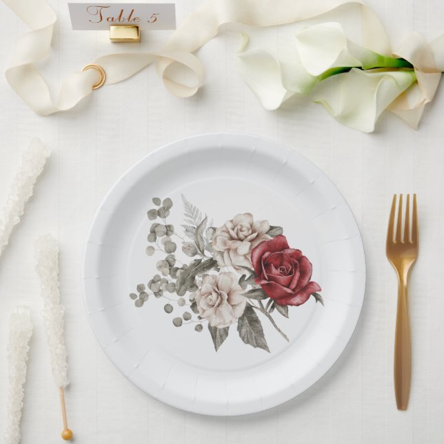 Prato De Papel Cinza Vermelha e Buquê da Flor Cream Boho (Casamento)