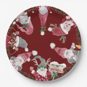 Prato De Papel Cinza Vermelha Gnomos Natal Folhagem de Folhagem d