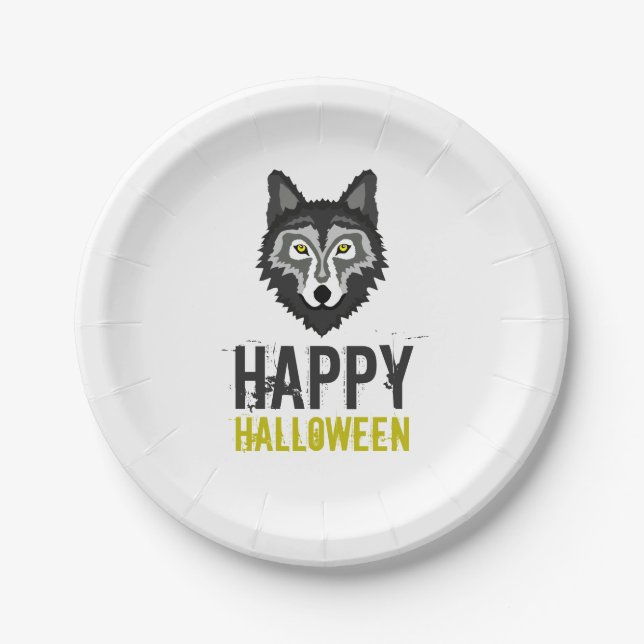 Prato De Papel Cinza Wolf, Feliz Halloween (Frente)