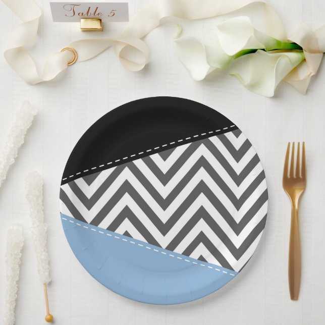 Prato De Papel Cinza Zigzag, Cinza Chevron, Zigzag Patterno, Azul (Casamento)
