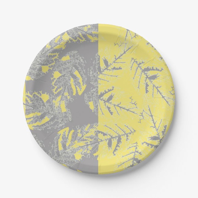 Prato De Papel Cinzas e folhas amarelas sobre fundo listrado. (Frente)