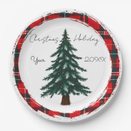 Prato De Papel Circle Plaid Christmas Tree plates.