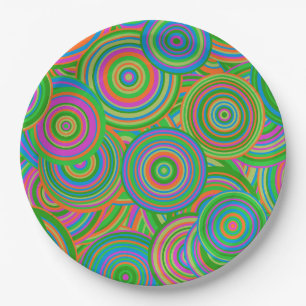 Prato De Papel Círculos abstratos em mod retro, verde e laranja-v