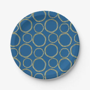 Prato De Papel Círculos Dourados e Azul Brilhante Moderno Fashion