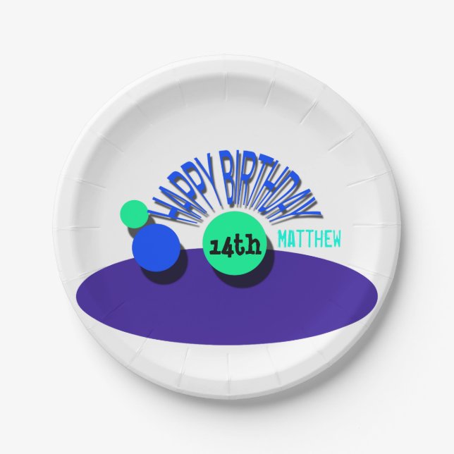 Prato De Papel Círculos Feliz 14 de Aniversário de Papel (Frente)