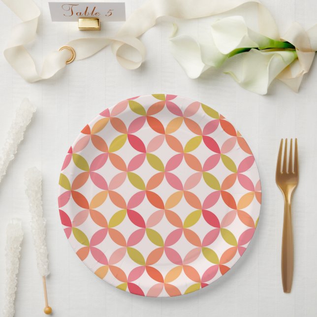 Prato De Papel Círculos rosa laranja moderno de meados do século  (Casamento)