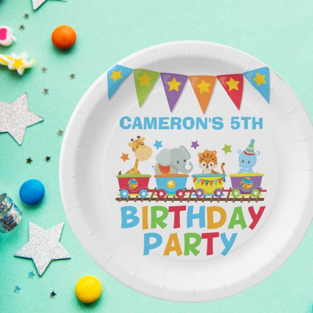 Prato De Papel Circus Animal Train Cute Kids Name Festa de aniver (Criador carregado)