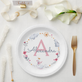 Prato De Papel Cisne rosa-claro e coroa floral com monograma w