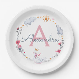 Prato De Papel Cisne rosa-claro e coroa floral com monograma w