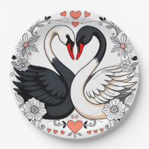 Cisnes Pretos e Brancos Rodeados por Desenhos Flor