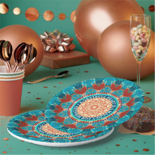 Prato De Papel Citação Personalizável de Aqua Teal Mandala
