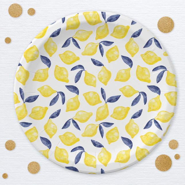 Prato De Papel Citrus de Padrão de Limão de Aquarela (Citrus lemon mediterranean watercolor pattern party paper plates)