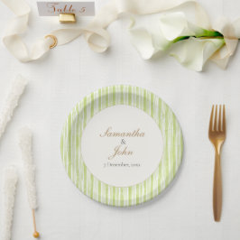 Prato De Papel Citrus Green Striped Retro Wedding Paper Plates