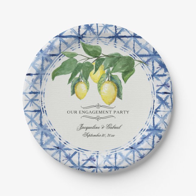 Prato De Papel Citrus Lemon Floral Foliage Noivado Branco Azul (Frente)
