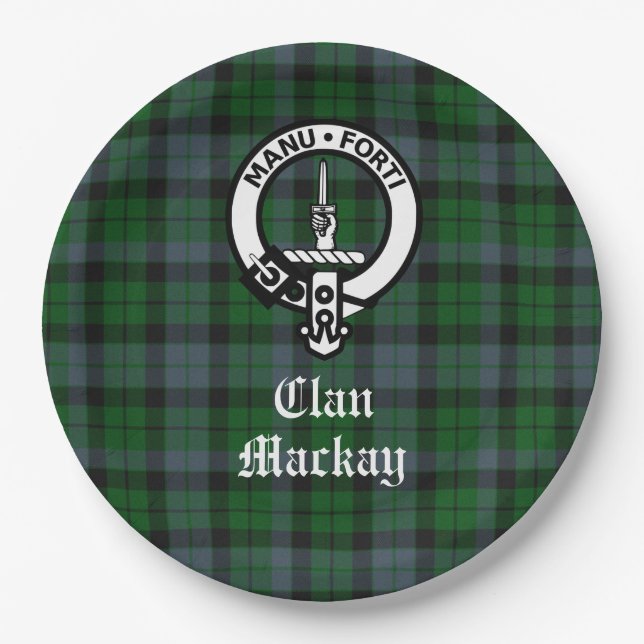 Prato De Papel Clan Mackay Crest Crachá e Tartan personalizáveis (Frente)