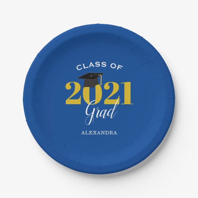 Prato De Papel Classe de 2021 Formando Azul Simples e Dourado (Frente)