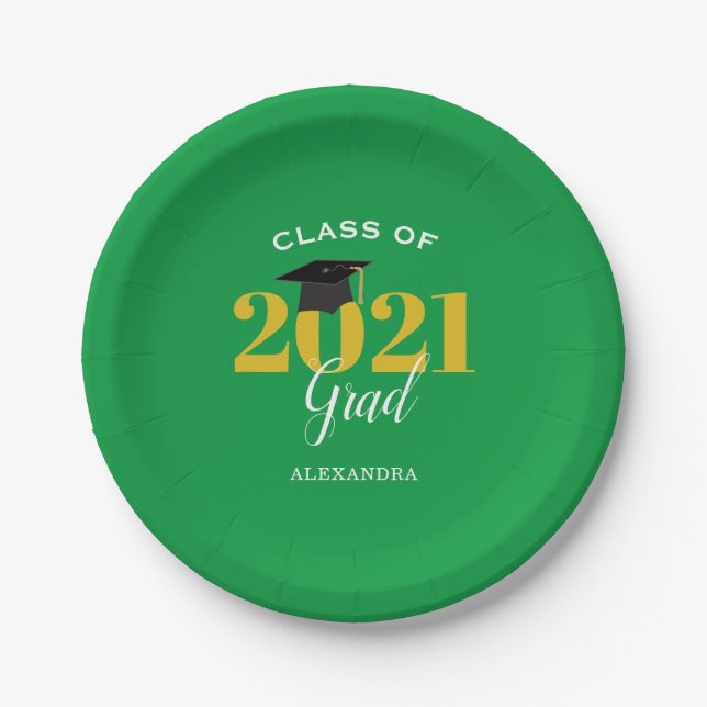 Prato De Papel Classe de 2021 Formando Verde simples e Dourado (Frente)