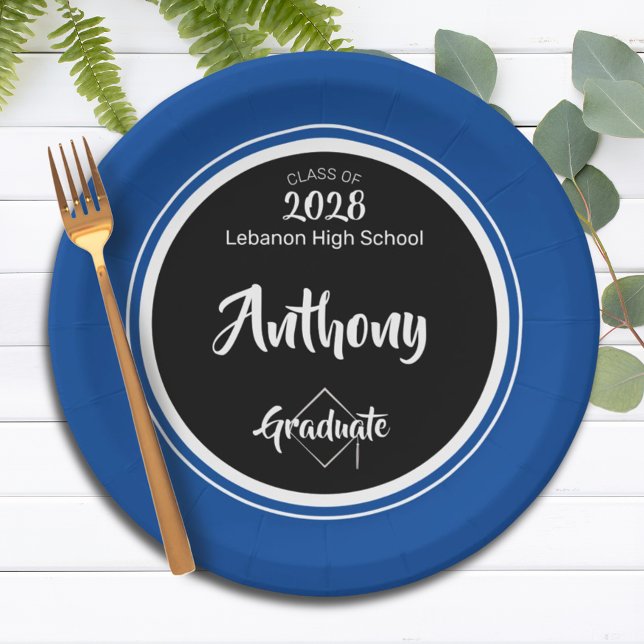 Prato De Papel Classe de Festa de formatura Mínima Azul Preto (Criador carregado)