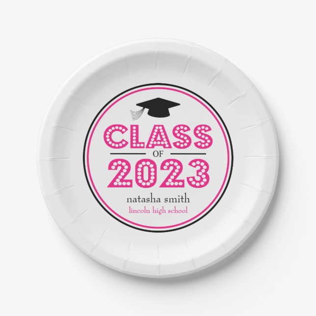 Prato De Papel Classe De Graduações De 2023 (Rosa Quente) (Frente)