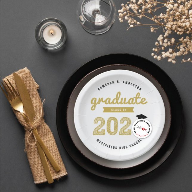 Prato De Papel Classe Do Partido Do Formando De Graduação Dourado (Class Of 20YY Gold & Black Sketch Graduate, Graduation Party Paper Plate @ zazzle.com/color_therapy)