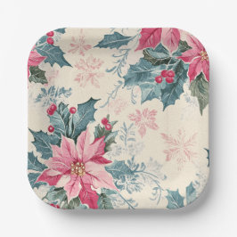 Prato De Papel Classic Christmas Poinsettia Flowers Paper Plate