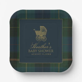 Prato De Papel Classic Dark Green & Blue Plaid Baby Shower