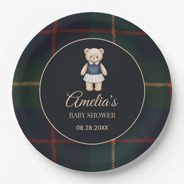 Prato De Papel Classic Polo Teddy Bear Preppy Plaid Baby Shower  (Frente)